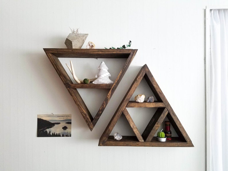 Triangle Shelf Set / geometric essential oil shelf, crystal altar, nature wall art, adventure travel art, boho wall decor, alchemy elements image 1