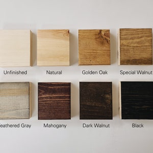 May include: Wood stain color samples in eight different shades: Unfinished, Natural, Golden Oak, Special Walnut, Weathered Gray, Mahogany, Dark Walnut, and Black.