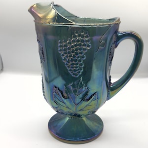Vintage Indiana Carnival Glass Pitcher Harvest Grape Iridescent Blue/Purple 10
