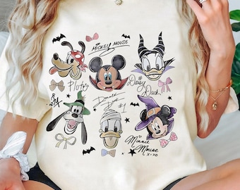Camisa de Halloween de Mickey y sus amigos con lazo de colores cómodos, camiseta de Halloween de Disney, camiseta familiar a juego de Mickey's Not So Scary Party