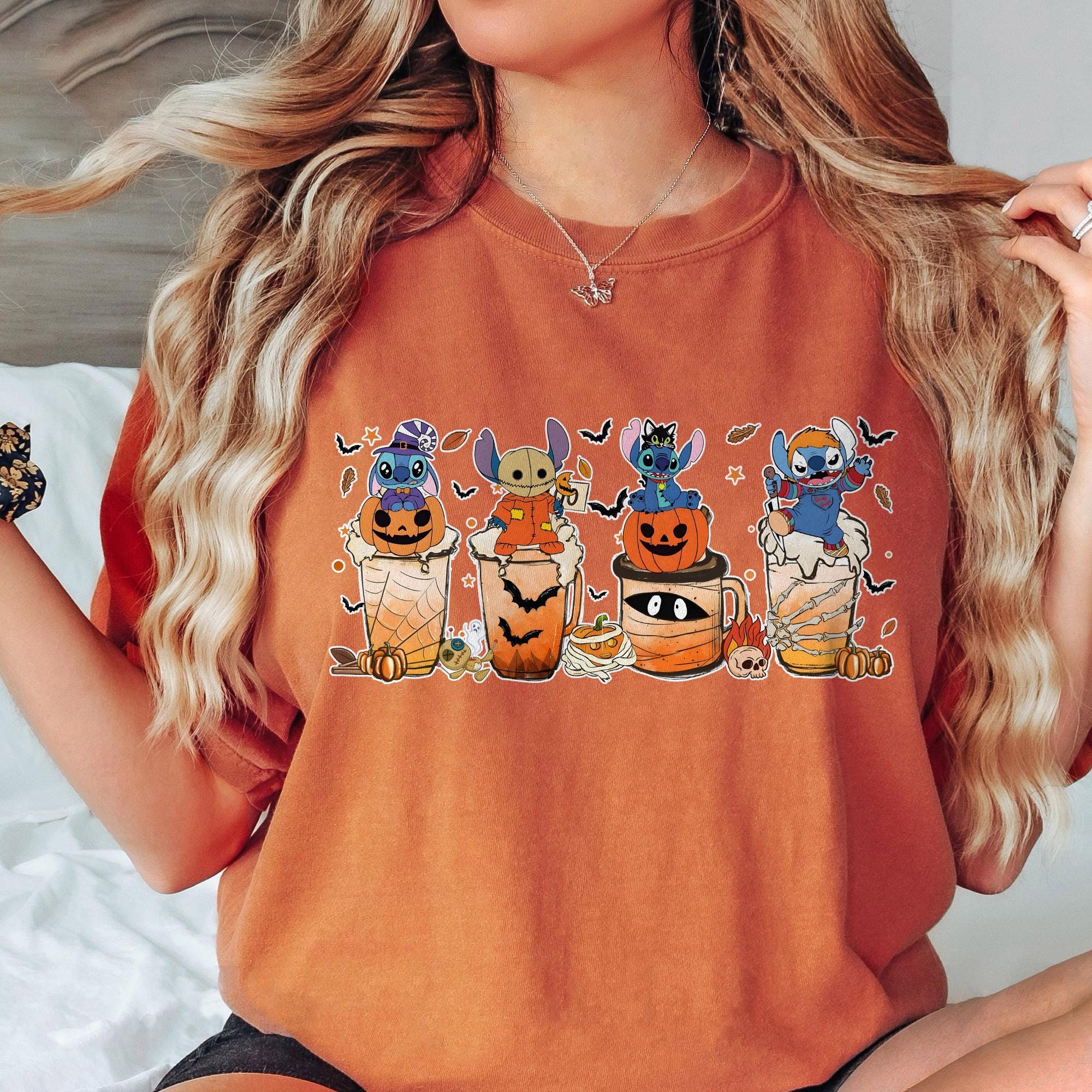 Disney Characters Horror Shirt, Disney Halloween Stitch Coffee Halloween Coffee Shirt, Horror Movie Pumpkin Coffee, Halloween Shirts Fall