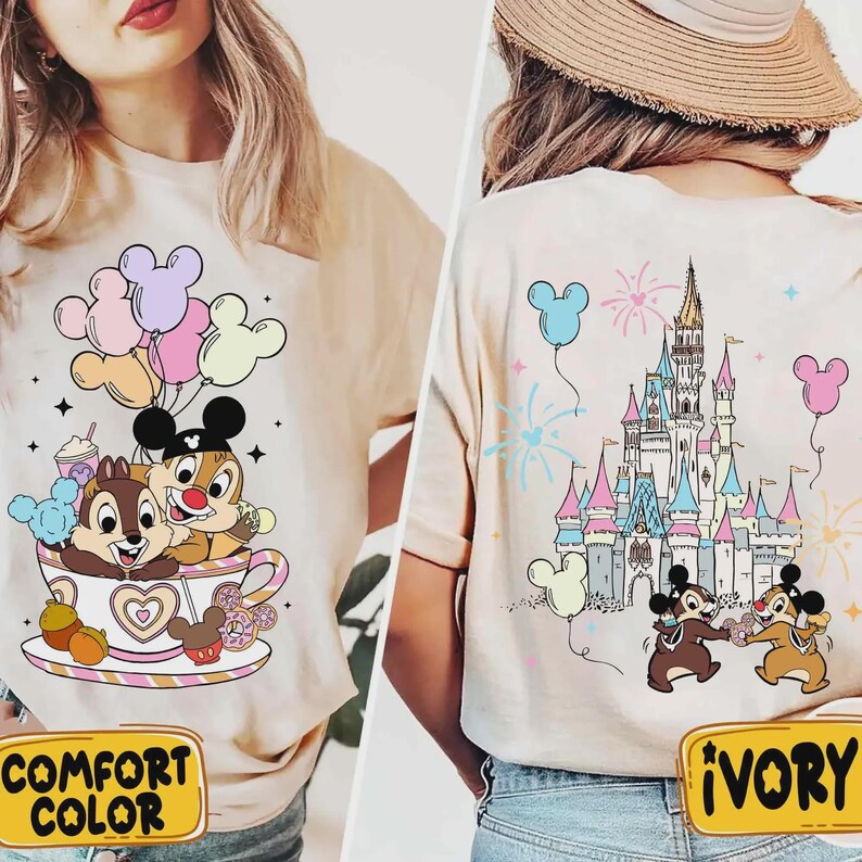 Two Sided Disney Chip And Dale Balloons Tea Cup T-shirt, Disneyland Bestie Trip, Gifts For Besties, Chip And Dale Shirt, Disney Castle Tee image 5