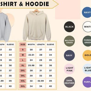 May include: Size chart for sweatshirts and hoodies with measurements in inches for width, length, and sleeve length. The chart includes sizes from S to 5XL.  The chart also shows a variety of color options for the sweatshirts and hoodies, including navy, white, sand, military green, forest green, maroon, gold, safety pink, light pink, light blue, sport grey, dark heather, purple, and red.