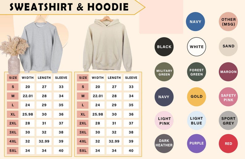 May include: Size chart for sweatshirts and hoodies with measurements in inches for width, length, and sleeve length. The chart includes sizes from S to 5XL.  The chart also shows a variety of color options for the sweatshirts and hoodies, including navy, white, sand, military green, forest green, maroon, gold, safety pink, light pink, light blue, sport grey, dark heather, purple, and red.