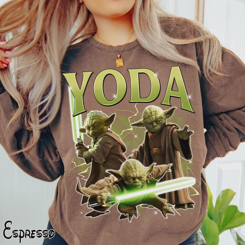 Retro 90s Yoda Lightsaber Group Bootleg T-Shirt, Vintage Star Wars Jedi Master Shirt, Star Wars Day Gift, Disney Galaxy's Edge Outfit image 2