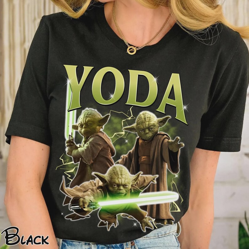Retro 90s Yoda Lightsaber Group Bootleg T-Shirt, Vintage Star Wars Jedi Master Shirt, Star Wars Day Gift, Disney Galaxy's Edge Outfit image 3