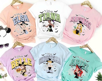 Camiseta de Halloween de princesas de Disney, camiseta de terror de princesas personalizada, camiseta de brujas de princesas, camiseta de Halloween de Bella, camiseta de Halloween de Tiana para niñas