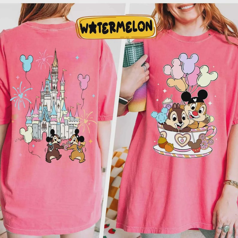 May include: Pink t-shirt featuring a colorful graphic of Chip and Dale in a teacup with balloons, and a castle scene on the back. The word "WATERMELON" is in a yellow banner at the top.