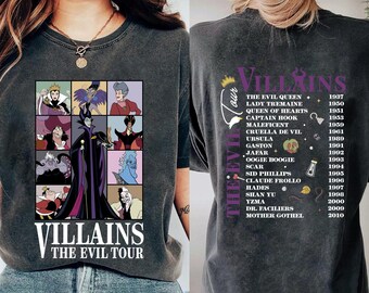 両面ヴィンテージディズニーヴィランズイービルツアーコンフォートカラーシャツ、ディズニーイービルフレンズ2025マッチング、バッドウィッチディズニーシャツ、イービルクイーンTシャツ