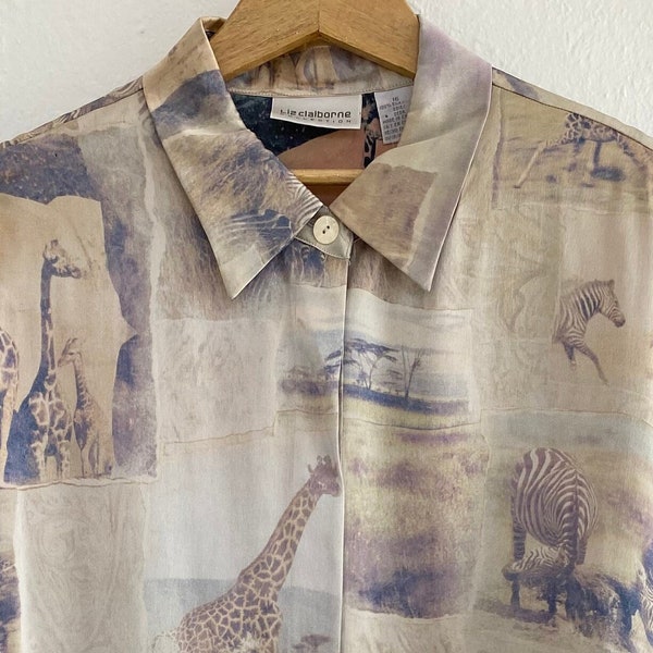 1980s 1990s Deadstock Never Worn with Tags Silk Animal Zebra Giraffe Safari Photo Print Button Up Down Blouse Long Sleeve Collared Shirt