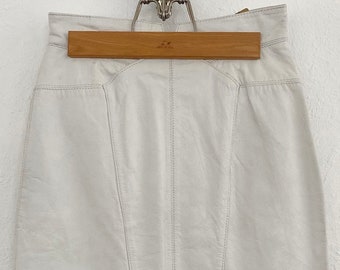 1980s White Leather Full Zip Up Notched Pencil Contoured High Waisted Wiggle Glam Hair Metal Skirt