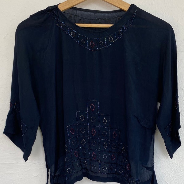 1920s Navy Blue Silk Beaded Flapper Tie Back Blouse As Is Needs TLC