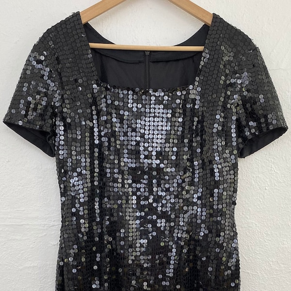 Plus Size Volup 1980s 1990s Black Sequined Short Sleeve Stretch Bodycon Minidress Cocktail Dance Party Glam Disco Dress