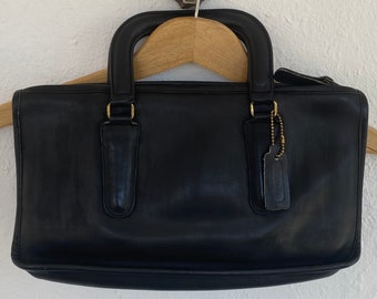 1970s Coach Bonnie Cashin Black Leather Slim Satchel Bag Purse Designer Handbag