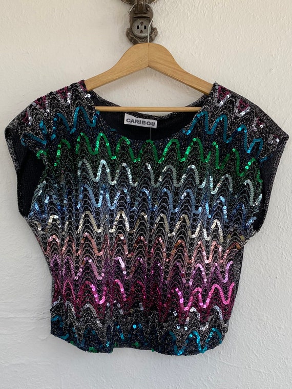 1970s 1980s Sequined Sparkly Rainbow Multicolor D… - image 1