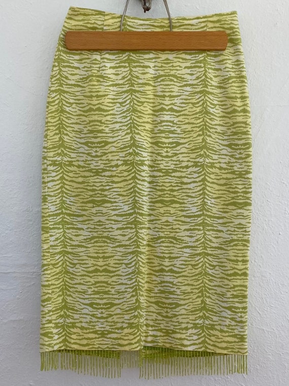 1990s Lime Green Beaded Fringe Zebra Animal Print 