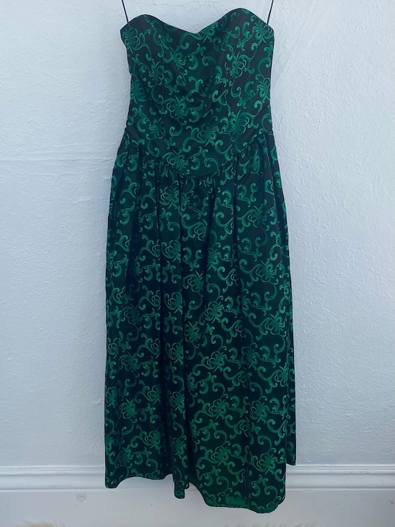 1980s Green and Black Brocade Strapless Party Dres