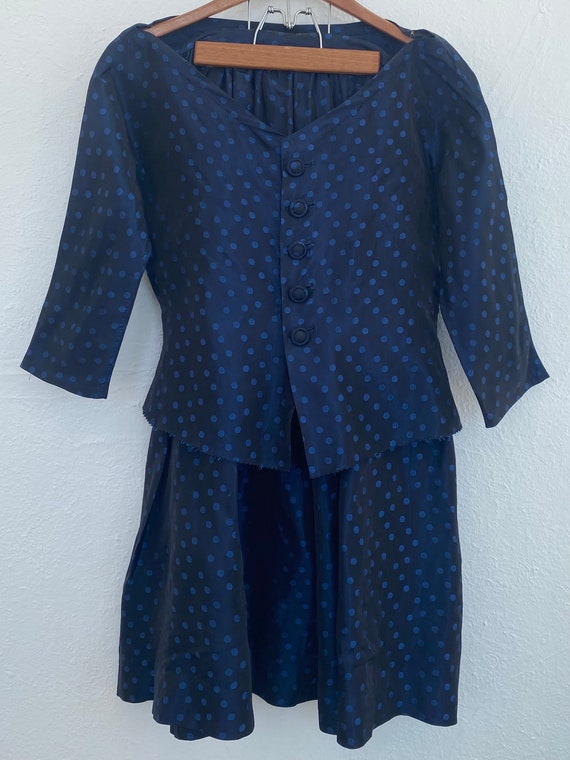 1950s New Look Blue Black Iridescent Polka Dot Two