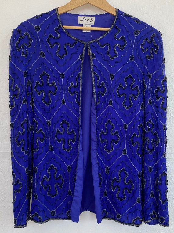 1980s 1990s Silk Chiffon Jacket Royal Blue and Bla