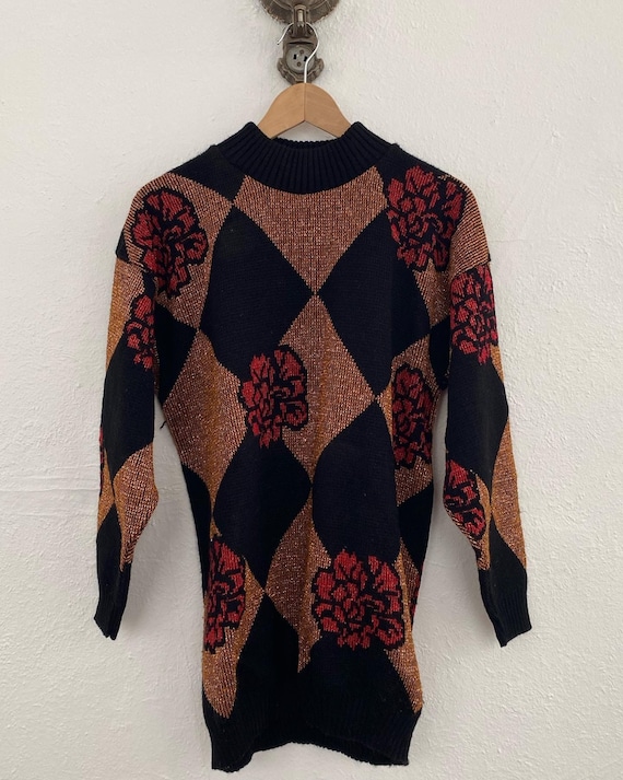 1980s Floral Lamé Mock Neck Harlequin Christmas S… - image 1