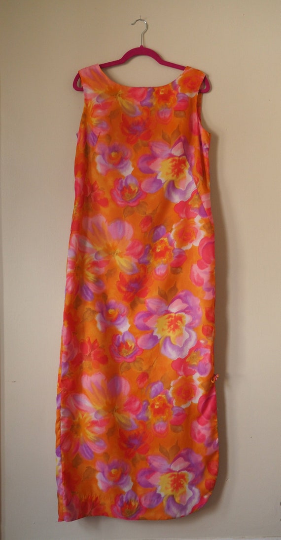 1960s 1970s Bright Orange Pink Purple Floral Hawa… - image 1