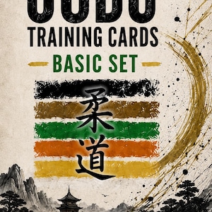 Może przedstawiać: Okładka książki "Judo Training Cards - Basic Set" z pogrubionym czarnym tekstem. Projekt zawiera japoński znak w środku, kolorowe poziome paski i ilustrację krajobrazu na dole. Nazwisko autora znajduje się na dole.