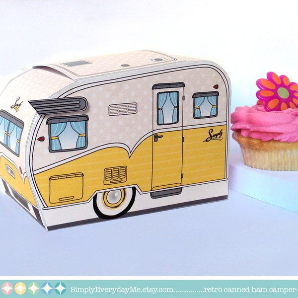 1950s RV Camper Trailer box, Caravan Box, cupcake box, gift card box, YELLOW Camper Favor Box | Instant Download D.I.Y. Printable PDF