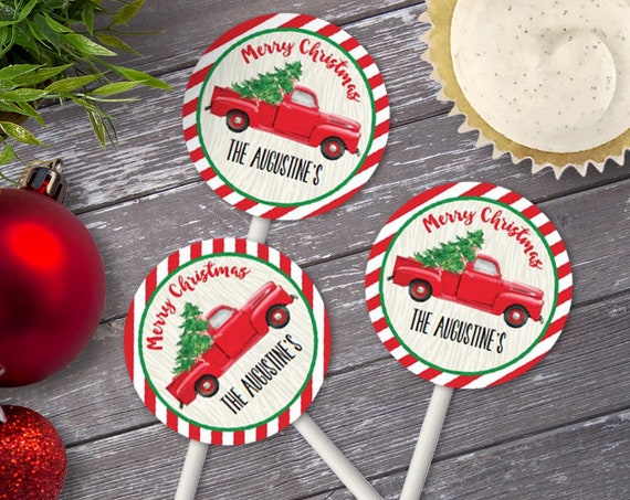 Vintage Truck 2.5" Circles Cupcake Toppers - Watercolor Truck, Tree Trimming Party,Christmas | Editable Text, Instant Download PDF Printable