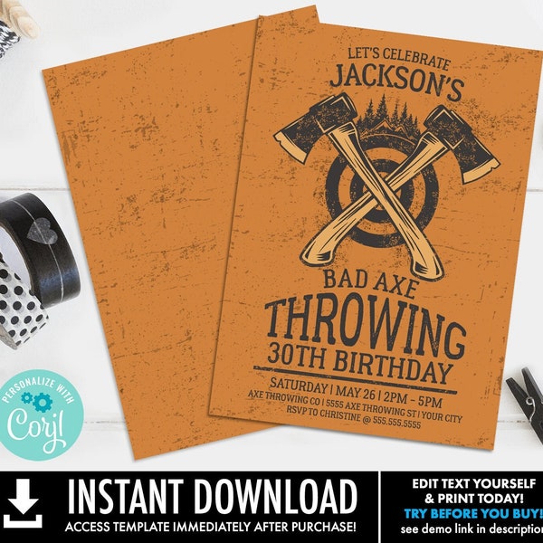 Axe Throwing Party Invitation - Bad Axe Birthday,Axe Throwing Invite,Lumberjack | Self-Edit with CORJL - INSTANT DOWNLOAD Printable Template