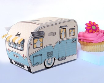 1950s RV Camper Trailer box, Caravan Box, cupcake box, gift card box, BLUE camper favor box | Instant Download D.I.Y. Printable PDF Kit