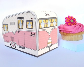 1950s RV Camper Trailer box, Caravan Box, cupcake box, gift card box, PINK Camper Favor Box | Instant Download D.I.Y. Printable PDF Kit