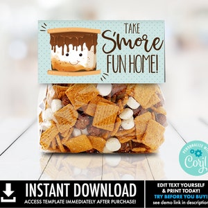 S&#39;more Party Favor Bag Topper - Leve S&#39;more Fun Home, S&#39;more 4&quot; Treat Topper | Autoedição com CORJL - INSTANT DOWNLOAD para impressão