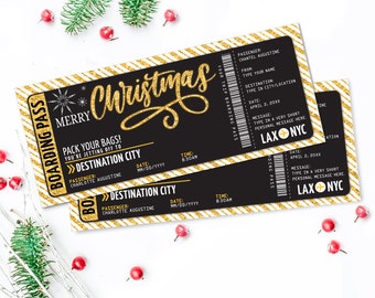 Christmas Boarding Pass Template - Surprise Trip Reveal, Fake Airline Ticket Trip Gift | Self-Edit with CORJL - INSTANT DOWNLOAD Printable