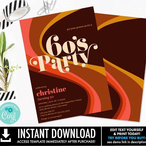 Editable 60s Get Your Groove On Invite, Retro 60's Let's Get Groovy, Hippie Birthday| You Personalize using CORJL-INSTANT DOWNLOAD Printable