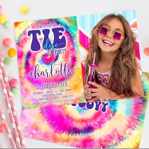 Tie Dye Party Photo Invitation - Hippie Birthday, Peace Love, Teen Party, Tween Party | Self-Edit with CORJL - INSTANT DOWNLOAD Printable