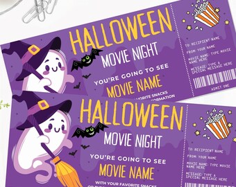 May include: Two purple Halloween movie night tickets featuring a white ghost wearing a witch hat and holding a broom, a black bat, and a popcorn bucket. The text includes HALLOWEEN MOVIE NIGHT, YOU'RE GOING TO SEE, MOVIE NAME, and ADMIT ONE.