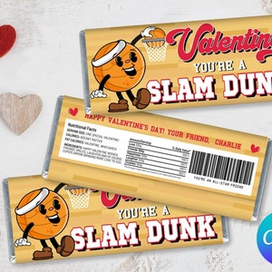 May include: Printable Valentine's Day chocolate bar wrapper featuring a cartoon basketball player with the text "Valentine You're a Slam Dunk" and "Happy Valentine's Day! Your Friend, Charlie".