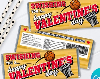 Valentine Basketball Candy Bar Label/Wrap, Swishing You A Happy Valentine's Day, Classroom card | Edit on CANVA - INSTANT DOWNLOAD Printable
