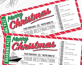 May include: Printable Christmas boarding pass template with red and white stripes. The text reads "Merry Christmas" and "Pack your bags you're going to your destination".