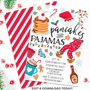Pode incluir: Um convite imprimível para uma festa de Natal de "Panquecas e Pijamas". O convite apresenta uma pilha de panquecas com uma cereja no topo, um homem de gengibre, uma caneca de chocolate quente, um pijama vermelho e branco e uma garrafa de xarope de bordo. O texto do convite diz "Panquecas e Pijamas" e inclui a data, a hora e o local da festa.
