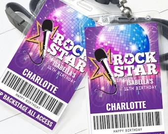 May include: Purple and pink printable party favor tags with a microphone and star design. The text reads "Rock Star VIP Guest Isabella's 16th Birthday" and "Charlotte Happy Birthday VIP Backstage All Access".