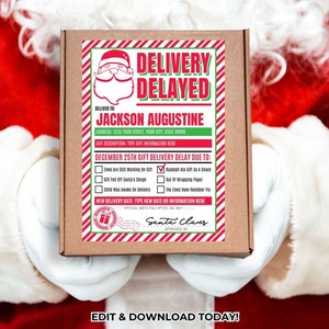 Etiqueta de entrega de presente atrasada, notificação do Papai Noel, entrega de presente atrasada, presente de Natal faltante ou atrasado | Editar no Canva-Download INSTANTÂNEO