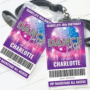 Dance Party VIP Badge, Disco Dance Party, Rock n Roll Party, All Access Pass | Edit with CANVA - INSTANT Download Printable Template