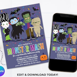 Monster Mash Halloween Invitation, Monster Bash Party, Halloween Party, Costume Party | Edit with CANVA - INSTANT DOWNLOAD Printable