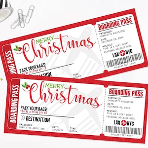 Bilhete de embarque de Natal, revelação de viagem surpresa, bilhete de avião falso para o feriado, presente de última hora | Editar no CANVA-DOWNLOAD INSTANTÂNEO para impressão