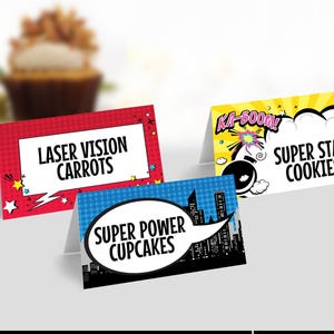 Superhero Food Labels, Superhelden Party, Tischzelt, Tischkarte, Buffet Tags, Superheld | Bearbeiten Sie auf CANVA-INSTANT DOWNLOAD druckbare Vorlage