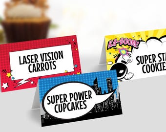 Superhero Food Labels, Superhero Party, Table Tent, Place Card, Buffet Tags, Super Hero | Edit on CANVA-INSTANT DOWNLOAD Printable Template