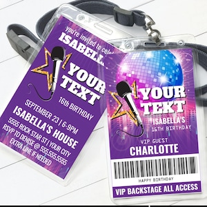 Rock Star/Pop Star &quot;YOUR TEXT&quot; VIP Badge Invite,Backstage Pass,Party like a Pop Star,All Access | Self-Edit Canva Instant Download Template