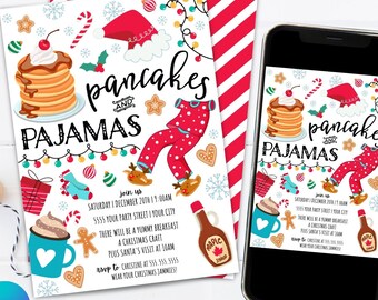 Op de afbeelding: Een printbare uitnodiging voor een kerstthema pancake en pyjama feest. De uitnodiging heeft een rood-wit gestreepte achtergrond, een peperkoekman, een kopje warme chocolademelk, een stapel pannenkoeken, een fles ahornsiroop en een rode pyjama. De tekst op de uitnodiging luidt "Pannenkoeken en pyjama's" en bevat details over het feest, zoals de datum, tijd en locatie. De uitnodiging is ontworpen om te worden bewerkt en afgedrukt met Canva.