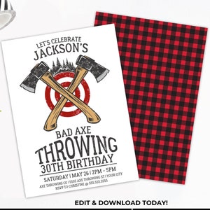 Convite para festa de lançamento de machado - Bad Axe Birthday, convite para lançamento de machado, lenhador | Edite com CANVA - DOWNLOAD INSTANTÂNEO Modelo para impressão
